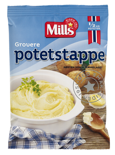 Grovere potetmos fra Mills. Foto av pakning.